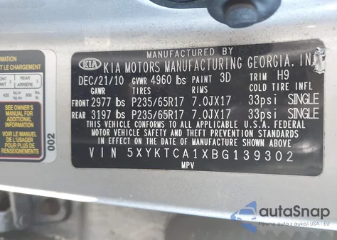 2011 Kia Sorento Lx from USA, damaged, VIN 5XYKTCA1XBG139302